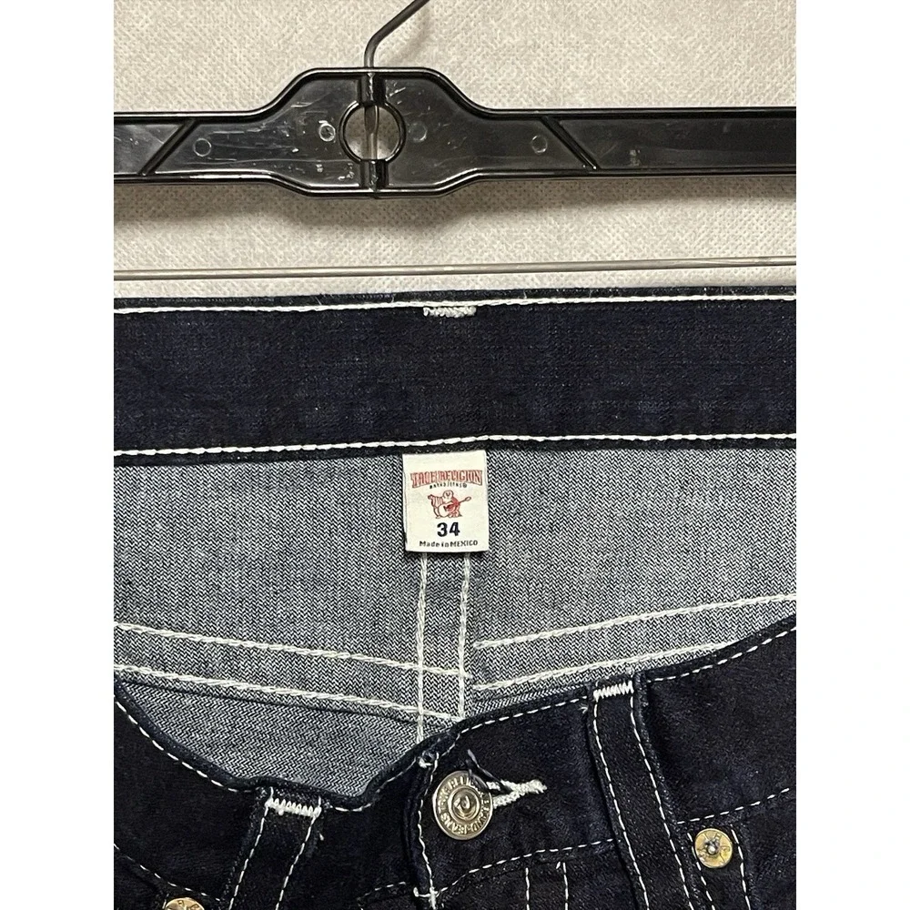 True Religion Jeans Men 34X33 Blue Raw Denim Straight Slim No Flap Street Preppy